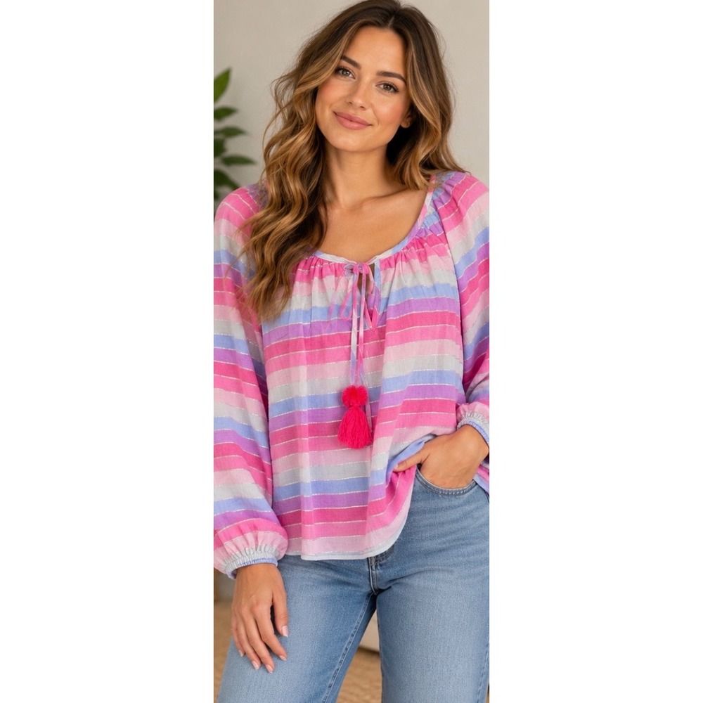 J.Crew Pink Purple Striped Metallic Tassel Peasant Blouse AM634 NWT Medium_257